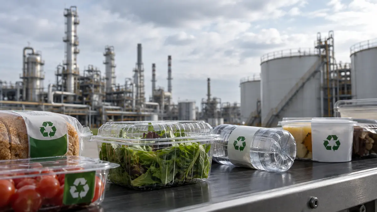 Supermarket packaging labelled as recycled while the material remains mostly fossil-based